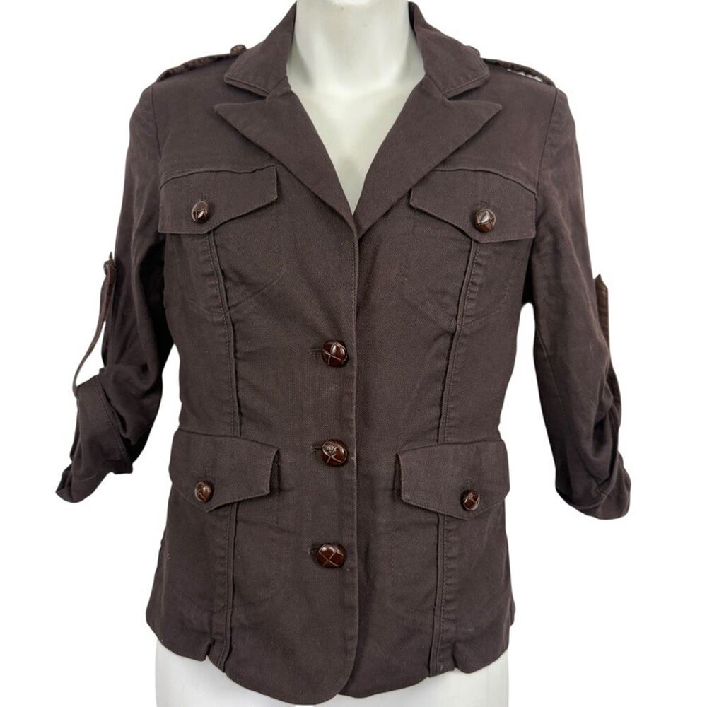 Diane von Furstenberg DVF Dark Brown Roll Tab Sleeve Jacket Cotton Stretch sz 4